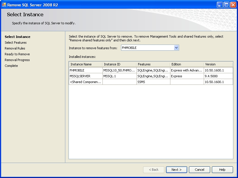 Uninstall the FH Mobile instance of SQL Server 2008